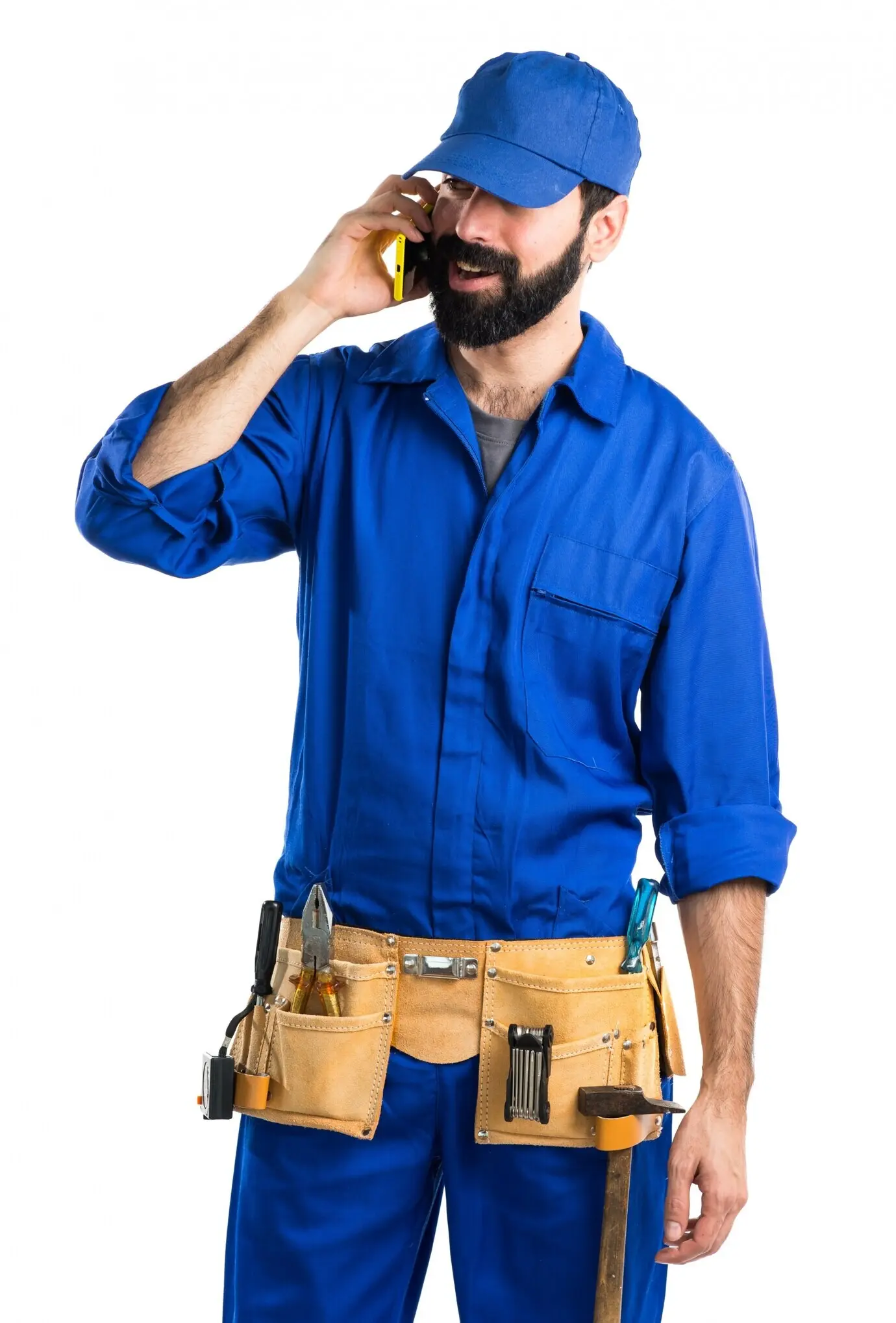 A plumber speaking to a mobile.